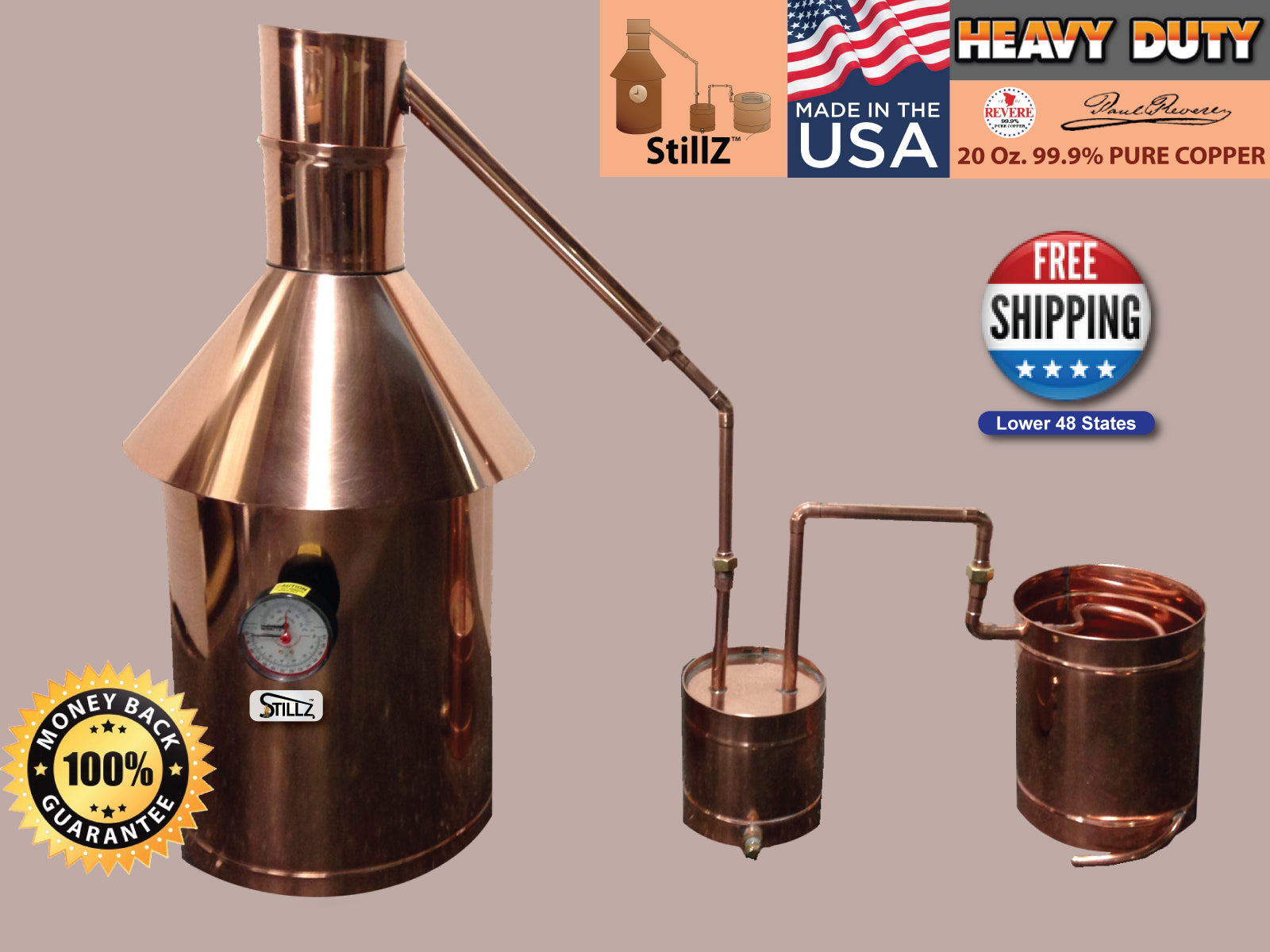 10 Gal Copper Moonshine Still with Thumper+Worm